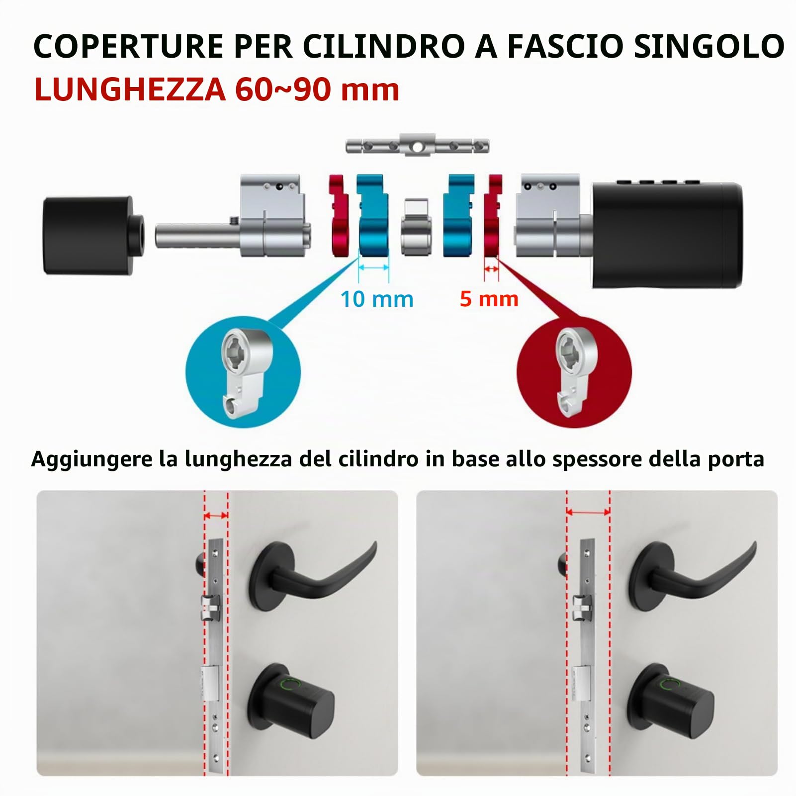 Serratura con impronte digitali, 5 in 1 Serratura intelligente con codice numerico RFID e chiave APP, Serratura elettronica per porte d'ingresso, Cilindro di chiusura regolabile 60-90mm