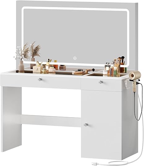 DWVO 47" W Vanity Desk with LED Light and Power Outlets, Large Makeup Vanity with Dividers and Hair Dryer Rack, 3 Level Storage Dresser Makeup Vanities Dressing Table for Bedroom, White