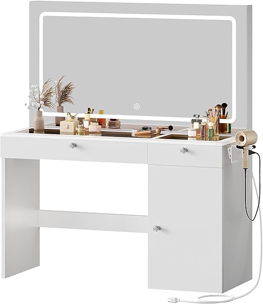 DWVO 47" W Vanity Desk with LED Light and Power Outlets, Large Makeup Vanity with Dividers and Hair Dryer Rack, 3 Level Storage Dresser Makeup Vanities Dressing Table for Bedroom, White
