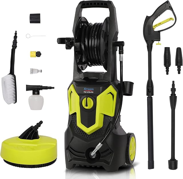 Stream Pressure Washer, 1650W 135Bar 420L/H Portable Pressure Washer Jet Washer with Patio Cleaner, Power Pressure Washers with Snow Foam Water Tank Adjustable Nozzle for patio and Car