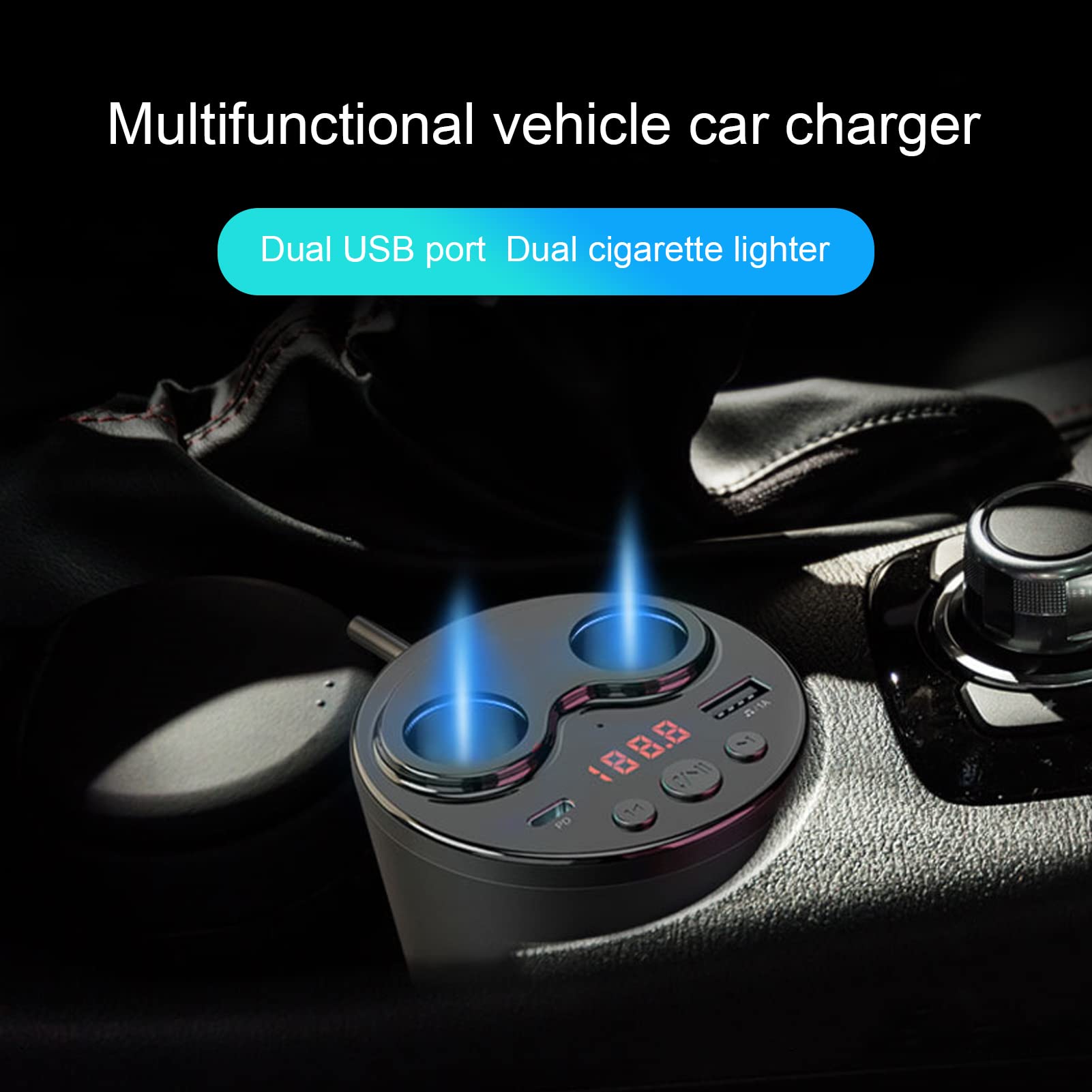 Splitter Accendisigari Doppio USB per Caricabatteria da Auto, Adattatore per Accendisigari Bluetooth a 2 Prese da 100 W, Supporto Radio FM, Disco U, Chiamate in Vivavoce, 12‑24 V(Con telecomando)