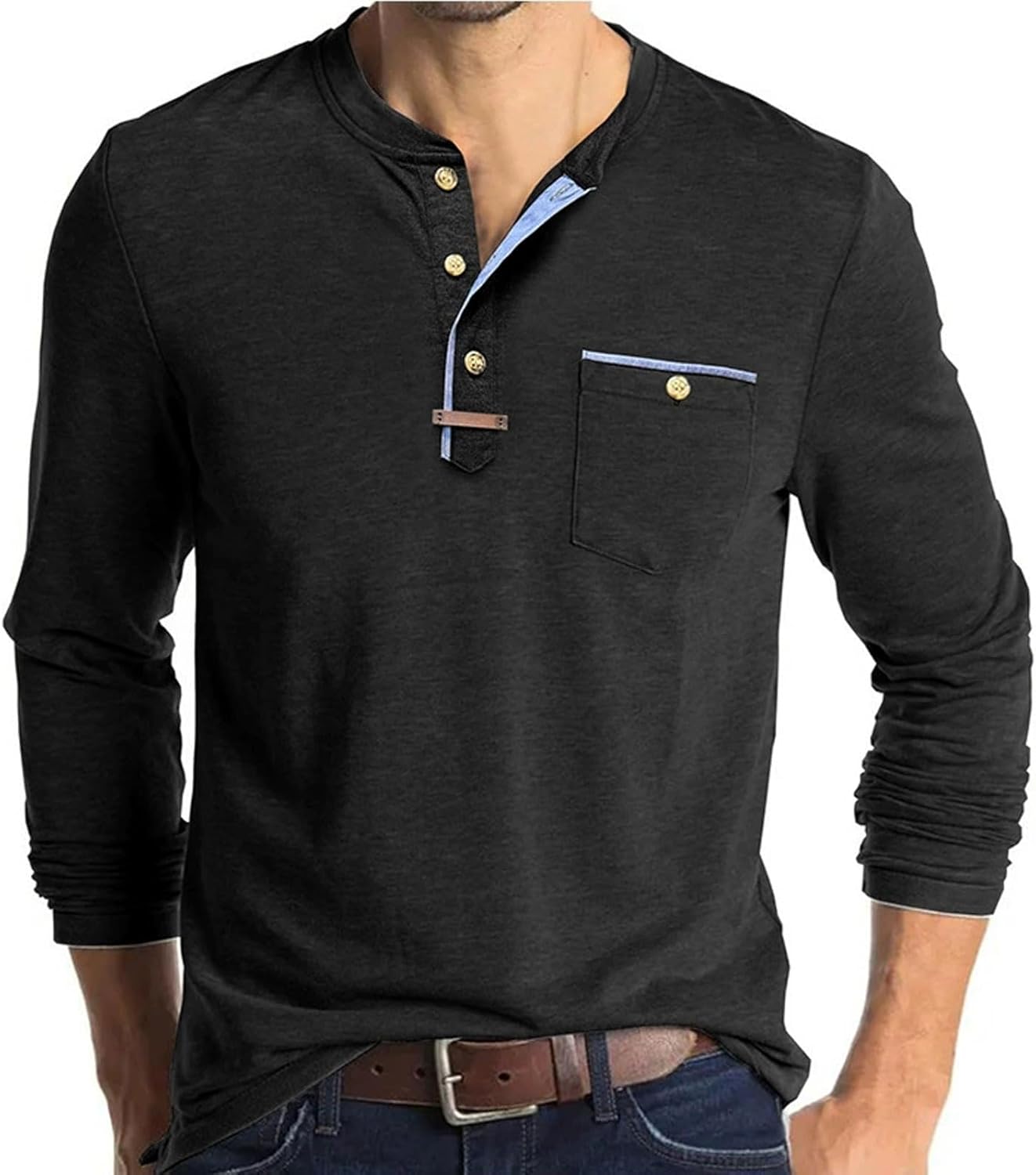 Mens Athletic Henley Shirts Casual Lightweight Long Sleeve Button Pullover with Pocket