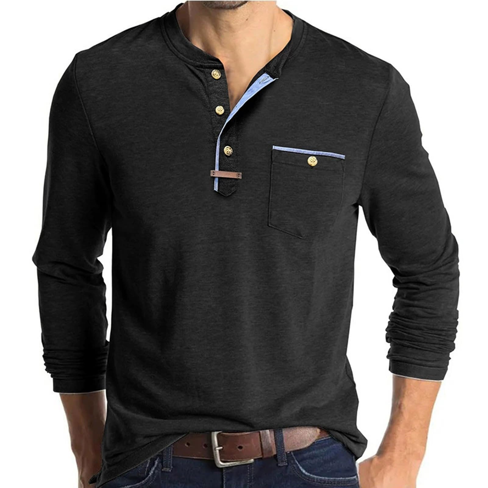 Mens Athletic Henley Shirts Casual Lightweight Long Sleeve Button Pullover with Pocket