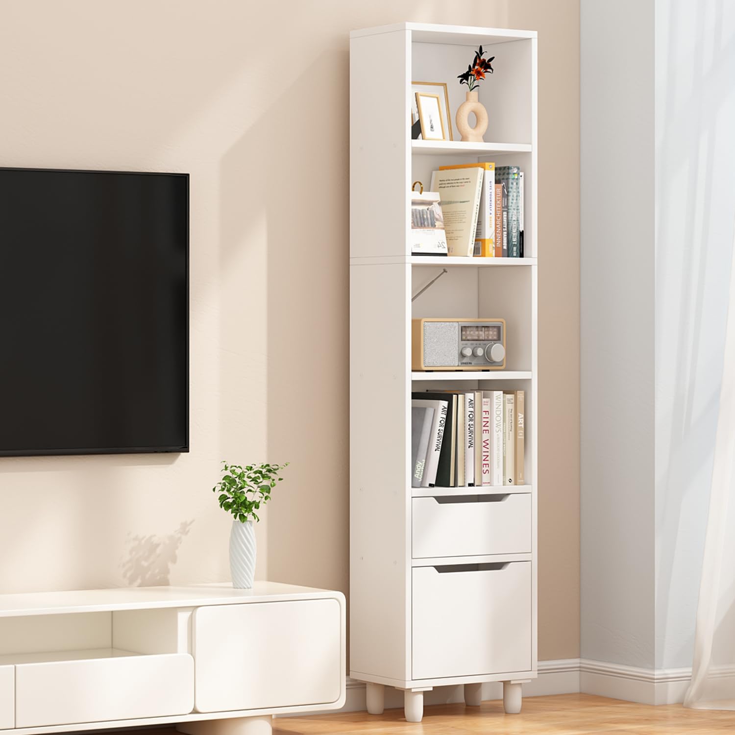 NELYE Tall Narrow Bookcase with Doors - 71 Inches Wooden High Bookshelf with Legs Floorstanding Small Corner Storage Cabinet,Home Decor Furniture for Living Room TV Sides in White