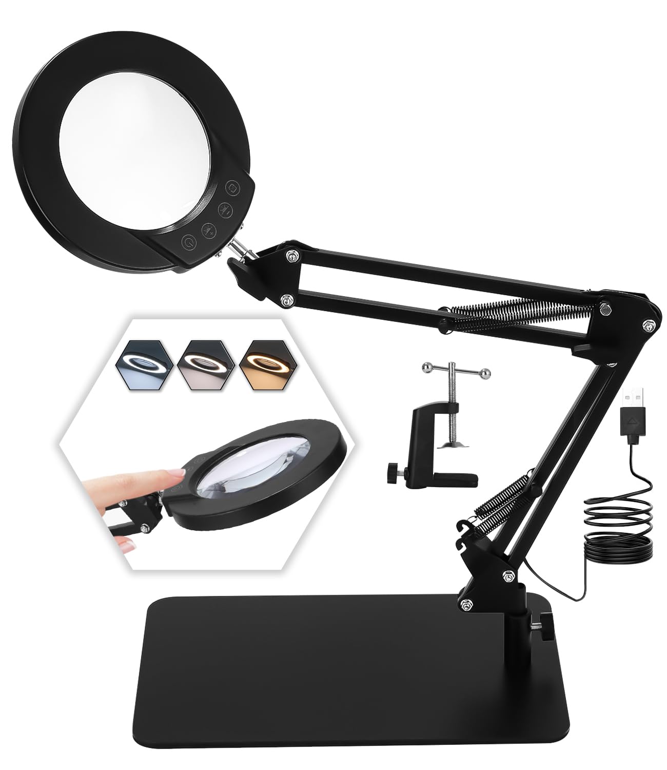 Lupe mit Licht und Ständer, 10X LED Lupenleuchte mit Klemme, LED Lupenlampe mit 3 Farbmodi Dimmbare, Lampe mit Lupe für handwerkliche Reparaturen Nahaufnahmen, Tischlupe mit Beleuchtung