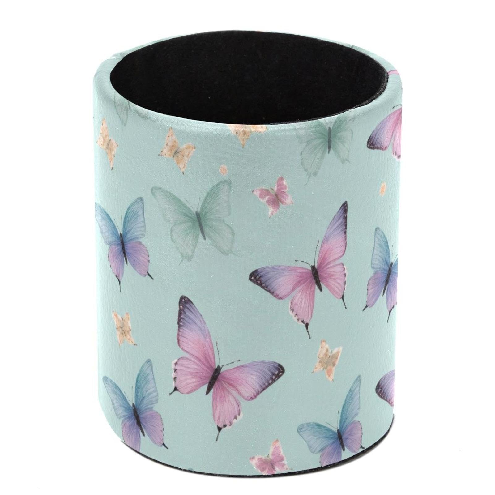Luoweisi Leather Pen Pot Pen Holder for Desk, Pencil Holder Desk Tidy Office Organiser Makeup Storage, Butterflies Mint Green