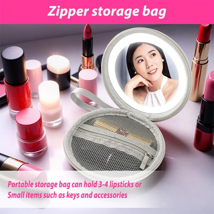 Travel PU Cosmetic Mirror Case 3 Color Modes LED Makeup Mirror With Zipper Storage Case for Lipstick/Mini Cosmeti/Keys/Accessories (Silver) image 3