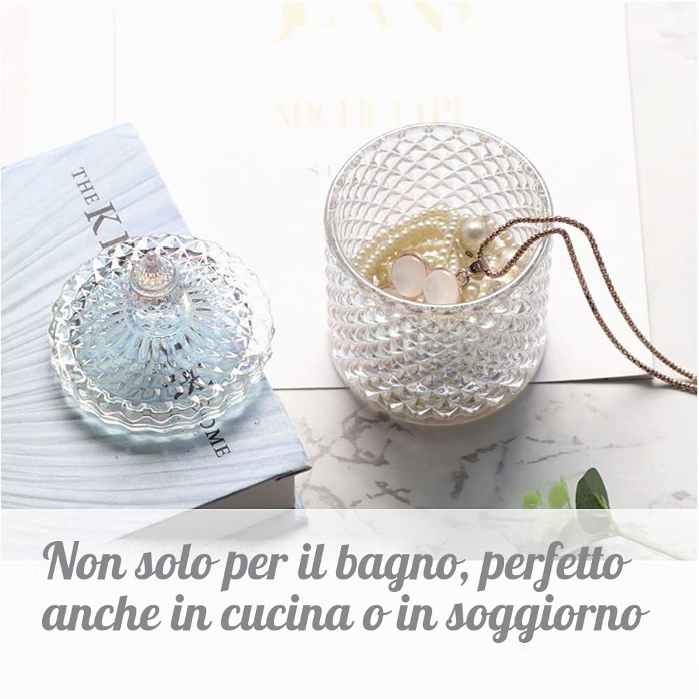 Organizer per batuffoli di Cotone e Cotton fioc, contenitori da Bagno in Vetro Trasparente con Coperchio per la Decorazione della casa, per Trucchi, dischetti in Cotone sali da Bagno