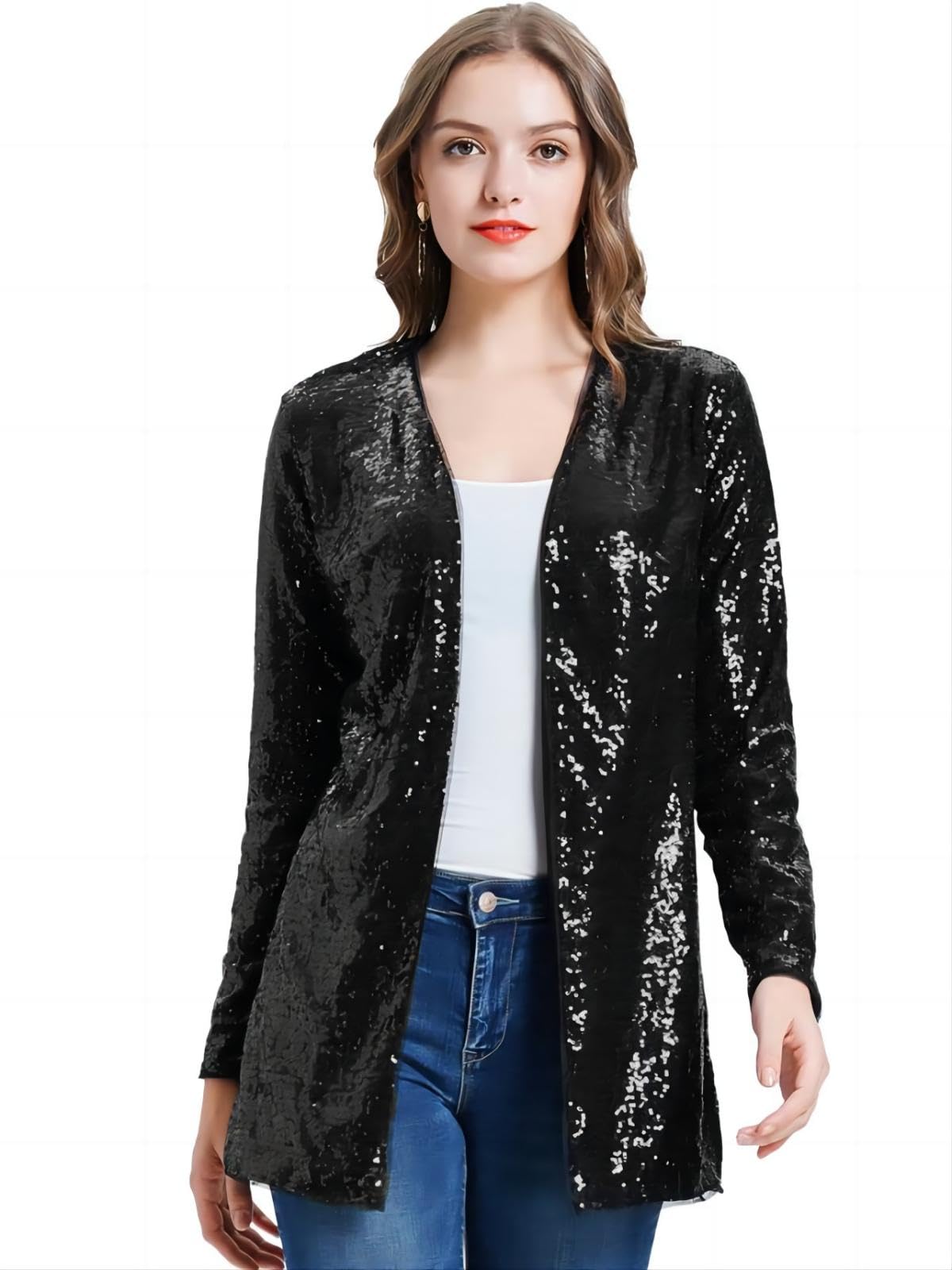 KANCY KOLE Womens Sequin Jacket Open Front Sparkly Jacket Blazer Casual Long Sleeve Cardigan Coat S-XXL