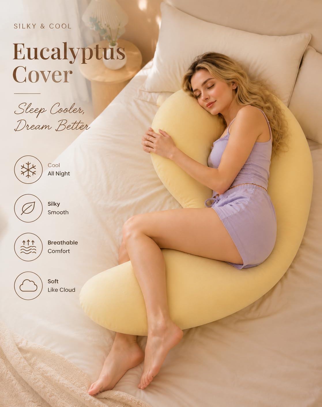Moon Body Pillow, Giant Moon Sleep Spoon C-Shaped Body Pillow (Light Yellow)