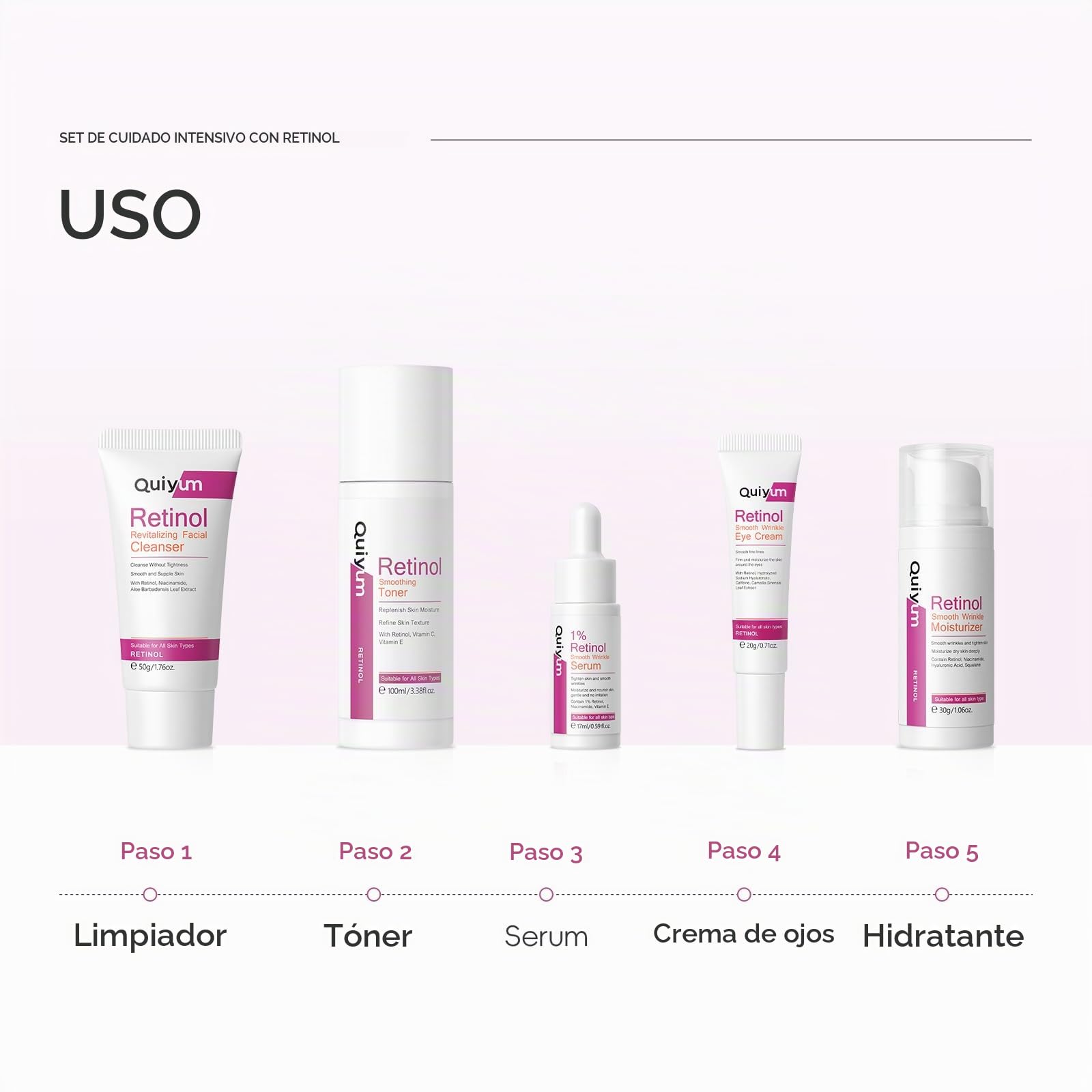 QUIYUM Kit de cuidado facial con retinol para mujer, set skincare | antiedad y antiarrugas de 5 piezas con limpiador, tónico, sérum, crema de ojos e hidratante