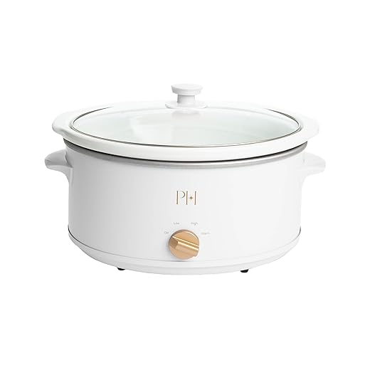 Paris Hilton 6-Quart Manual Slow Cooker, Features Three Settings (Low, High, Warm), Naturally Nonstick and Dishwasher Safe Stoneware Insert, Family Sized Capacity, White