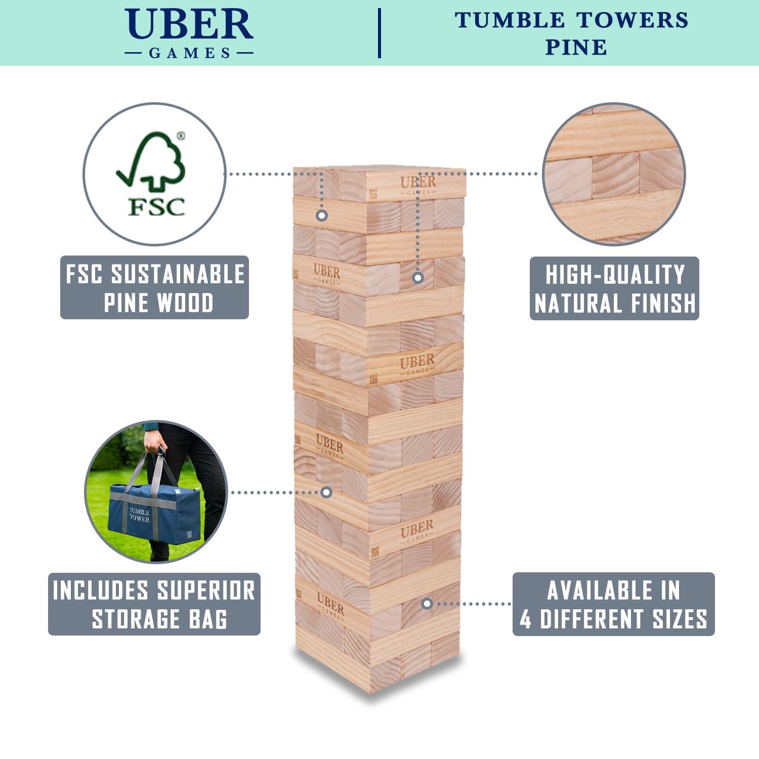 Uber Games Duża wieża oscylacyjna do 200 cm XXL Jumbo Hi-Tower w kieszeni, 2,5 m (maks. w grze, gra wieża z litego drewna sosnowego, ekstra luksusowych bloków i torba (do 200 cm)