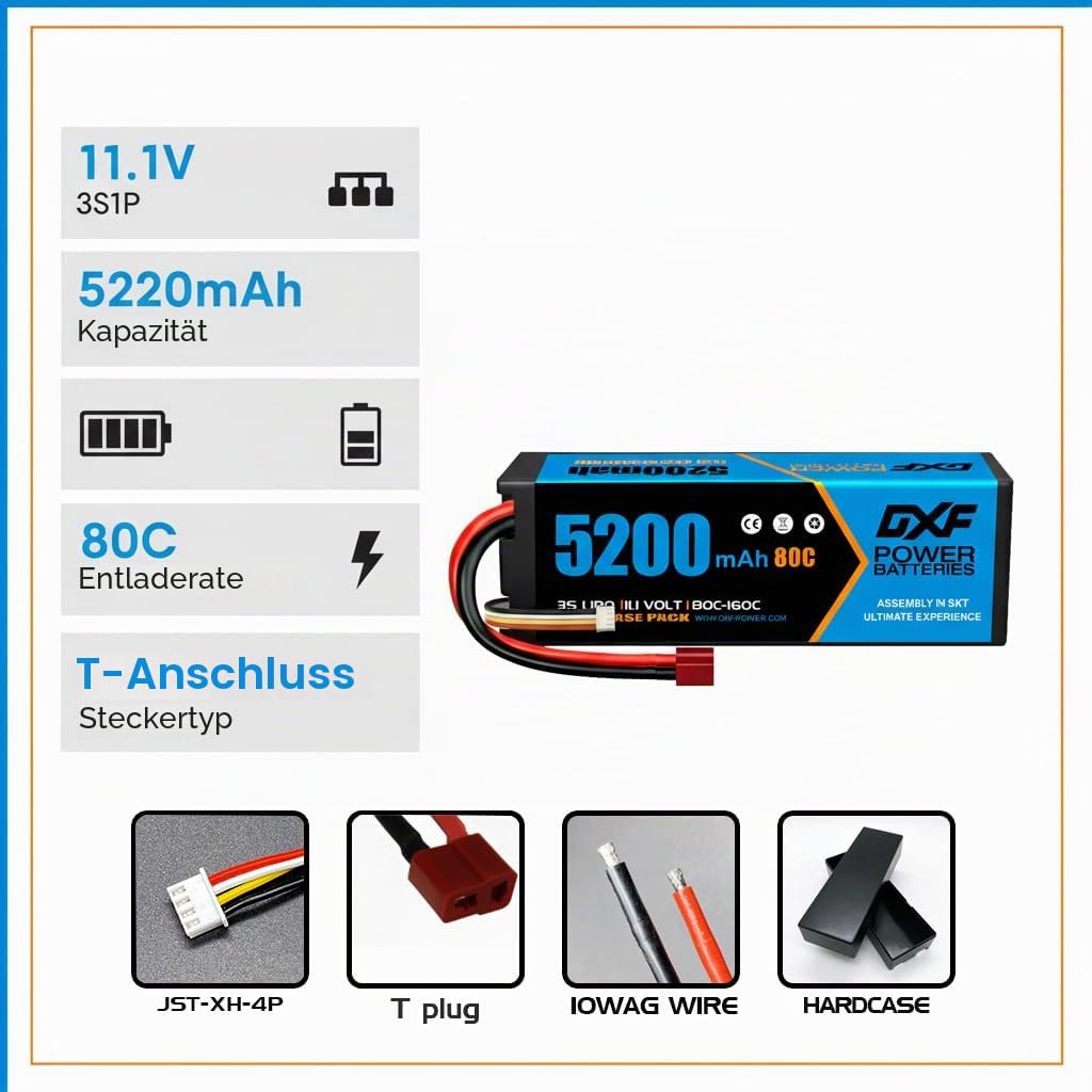 DXF 2 Packungen 3S LiPo Akku 11.1V 5200mAh 80C mit T Stecker Leistungsstarker Pack für RC Flugzeug Helikopter Boot Auto LKW Multirotor Energiebereitstellung RC Enthusiasten