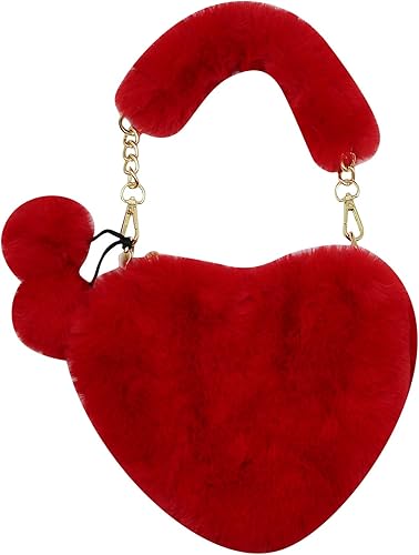 Bolso de mano de piel sintética con forma de corazón para mujeres y niñas, bolso de hombro de felpa con correa de cadena de metal, Rojo -, Portátil