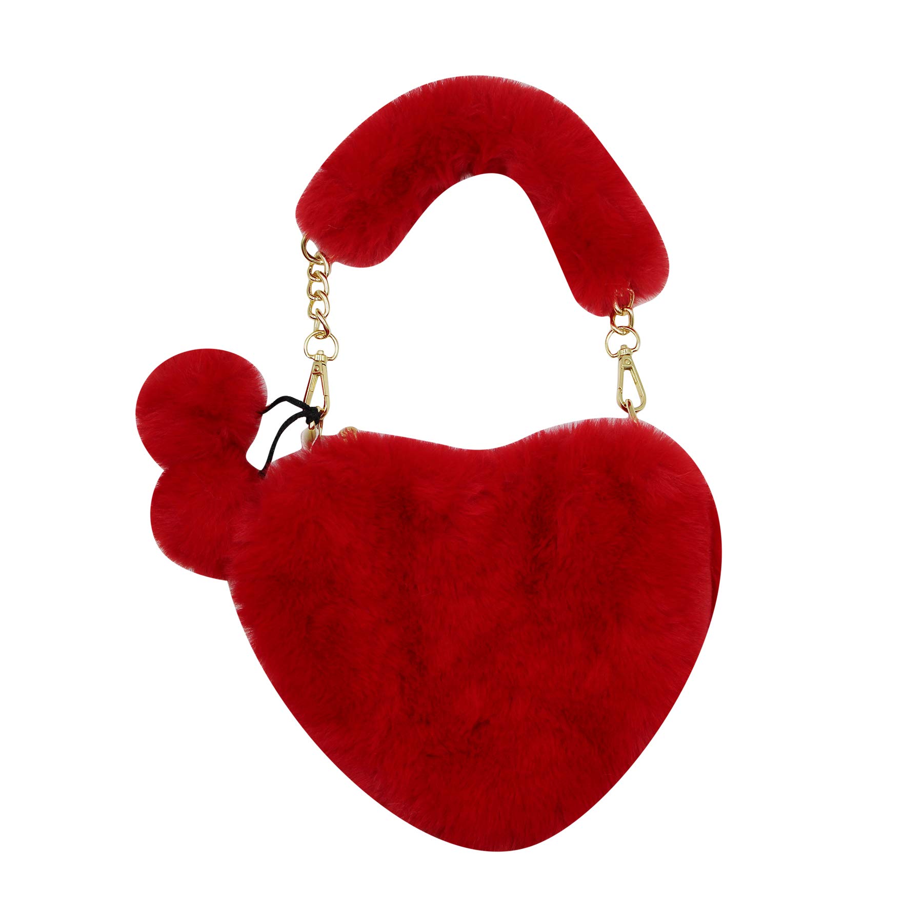 Women Girls Faux Fur Heart Shaped Handbag Plush Shoulder Bag Clutch Purse with Metal Chain Strap-image-29