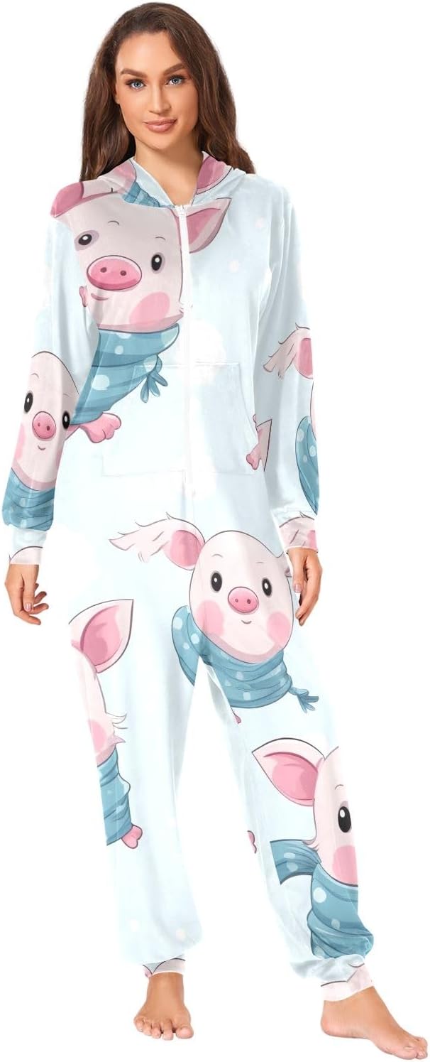 Cute Pig Blue Adult Onesie Pajamas, Soft Plush One Piece Jumpsuit Sleepwear for Men Women Christmas Loungewear