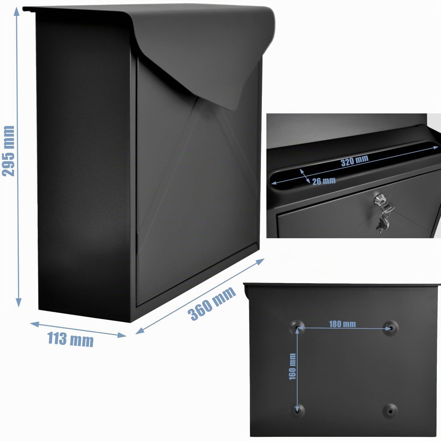 Buzón de diseño de Pared sin Tubo para periódicos | Negro mate RAL 9017, adecuado para A4/C4
