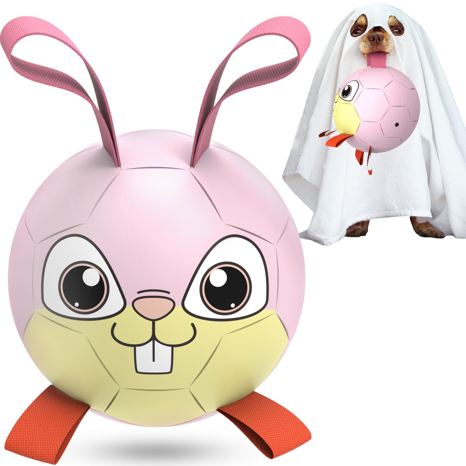QDAN Rabbit Dog Toys Soccer Ball with Straps Dog Toys for Medium Small Dogs Easter Day 6 Inch