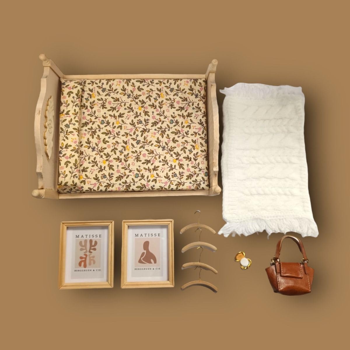 Dolls House Modern Bedroom Accessory Pack, Includes Coat Hangers, Pictures, Throw Rug, Compact, Handbag and Double Bed - Image 2