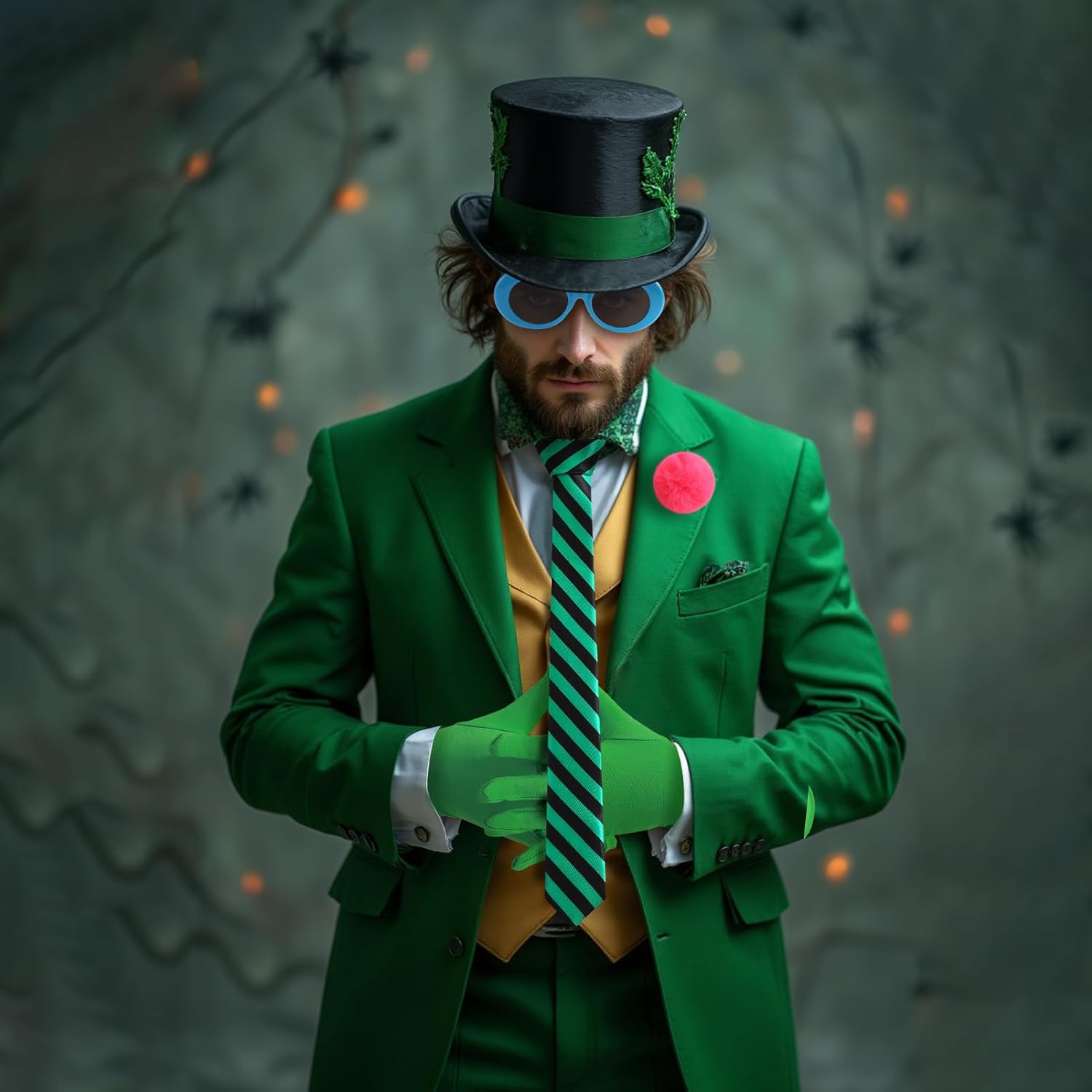 4PC Green Costume Accessories for Adult Stripe Tie Gloves Sunglasses and Pom Pom Ball Brooch Cosplay Party Dress up - Image 6