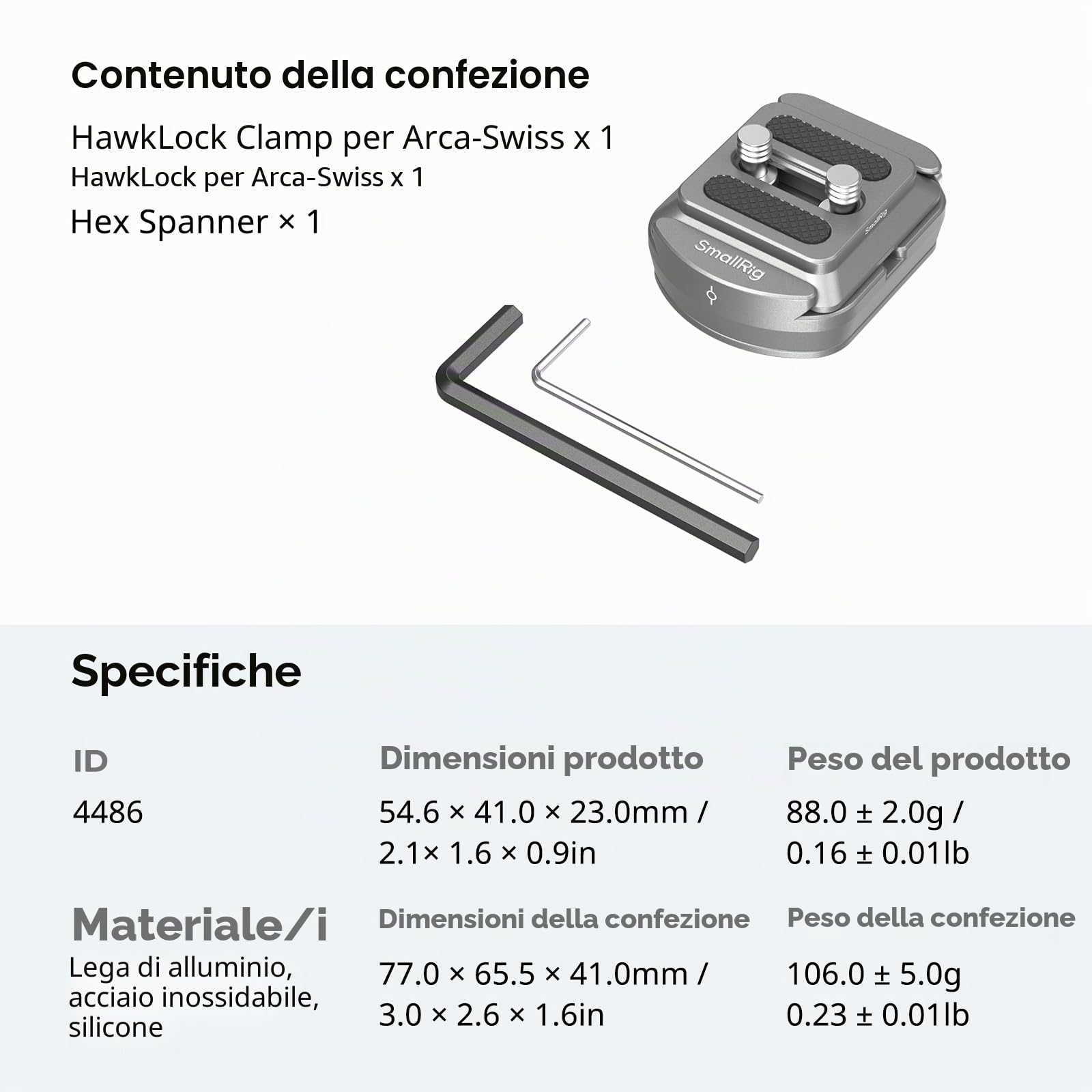 SMALLRIG Piastra di Montaggio a Sgancio Rapido per Arca-Swiss, Piastra per Fotocamera QR-Slide con Due Fori Filettati da 1/4"-20 per Manfrotto o Treppiede, HawkLock H38-4486
