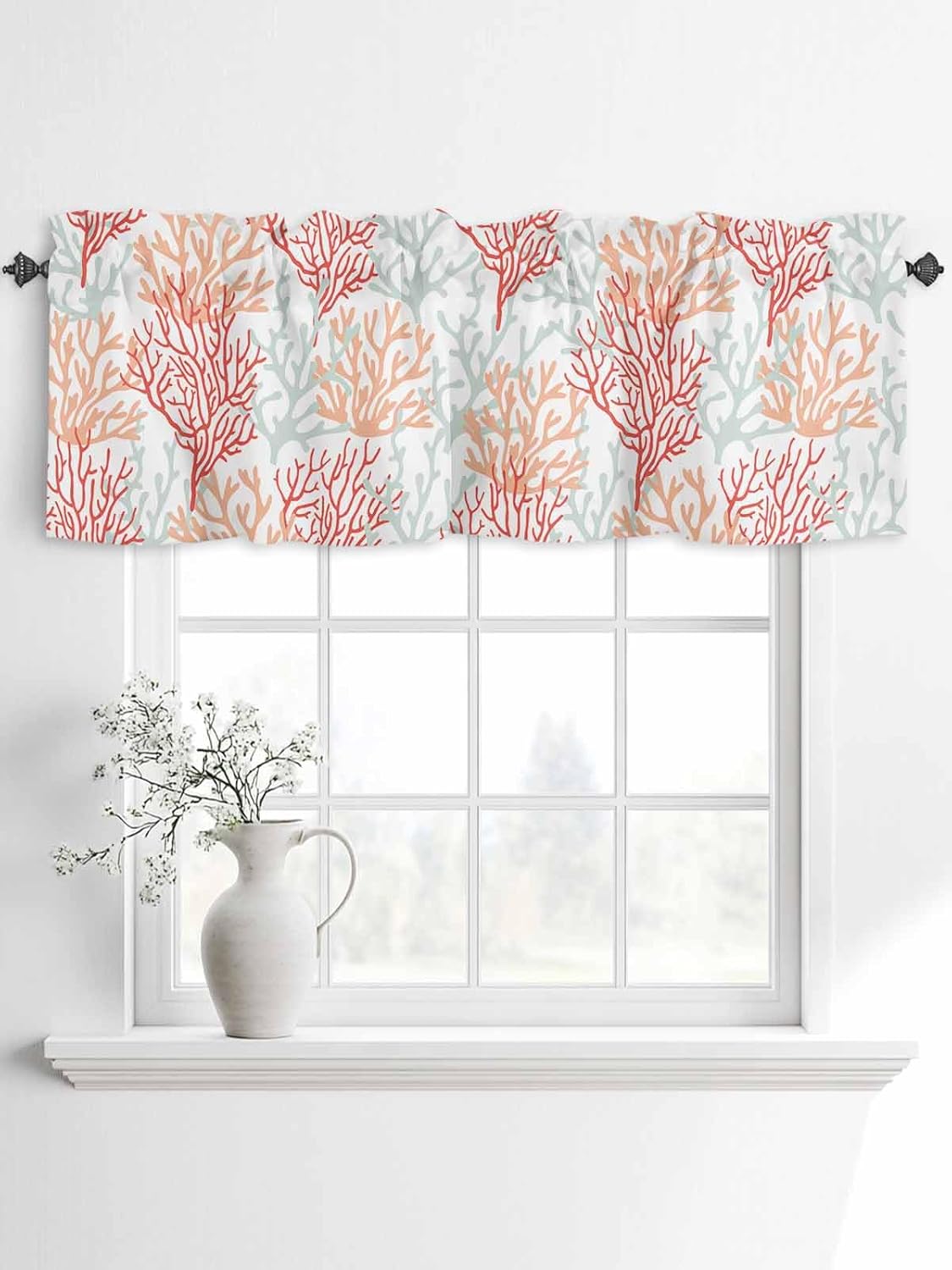 Red Orange Grey Coastal Curtain Valances for Windows, Summer Coral Beach Kitchen Valance Window Treatments Panel 2 Pack, Nautical Rod Pocket Short Curtains for Bathroom Bedroom 54x18 Inch