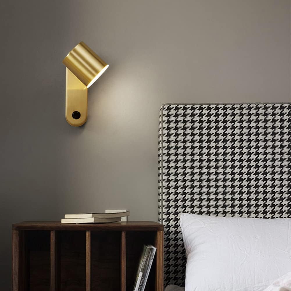 OOWOKS Applique a LED 7W per interni in ottone con interruttore, lampada da comodino per camera da letto, applique orientabile per soggiorno, illuminazione per hotel, lampade decorative