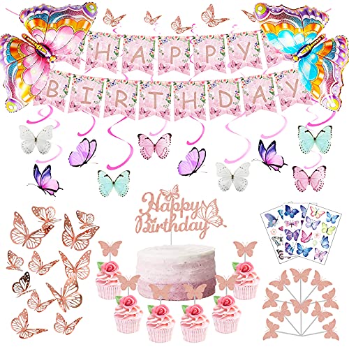 Butterfly Party Decorations Butterfly Birthday Decorations Party Supplies Pack Include Butterfly Birthday Banner, Butterfly Hanging Swirls, Butterfly Cake Cupcake Toppers, Giant Butterfly Balloon, Tattoos and Wall Stickers