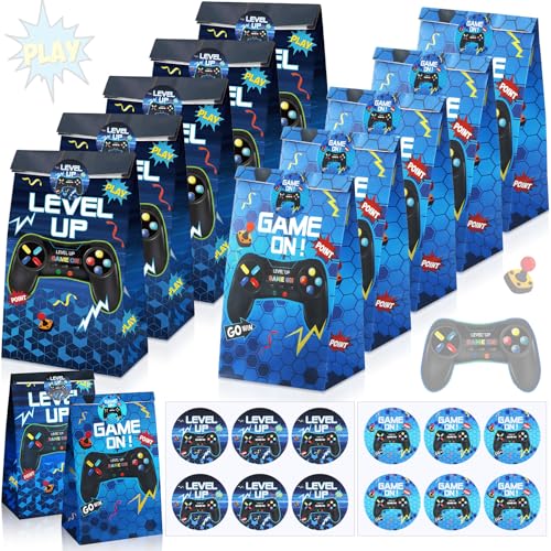 Geosar 30 Pack Video Game Party Favor Paper Bags Game on Goodie Candy Gift Bags with 30 Stickers Level up Reusable Goodie Treat Snacks Supplies for Boys Kids Gaming Birthday Party(Blue)