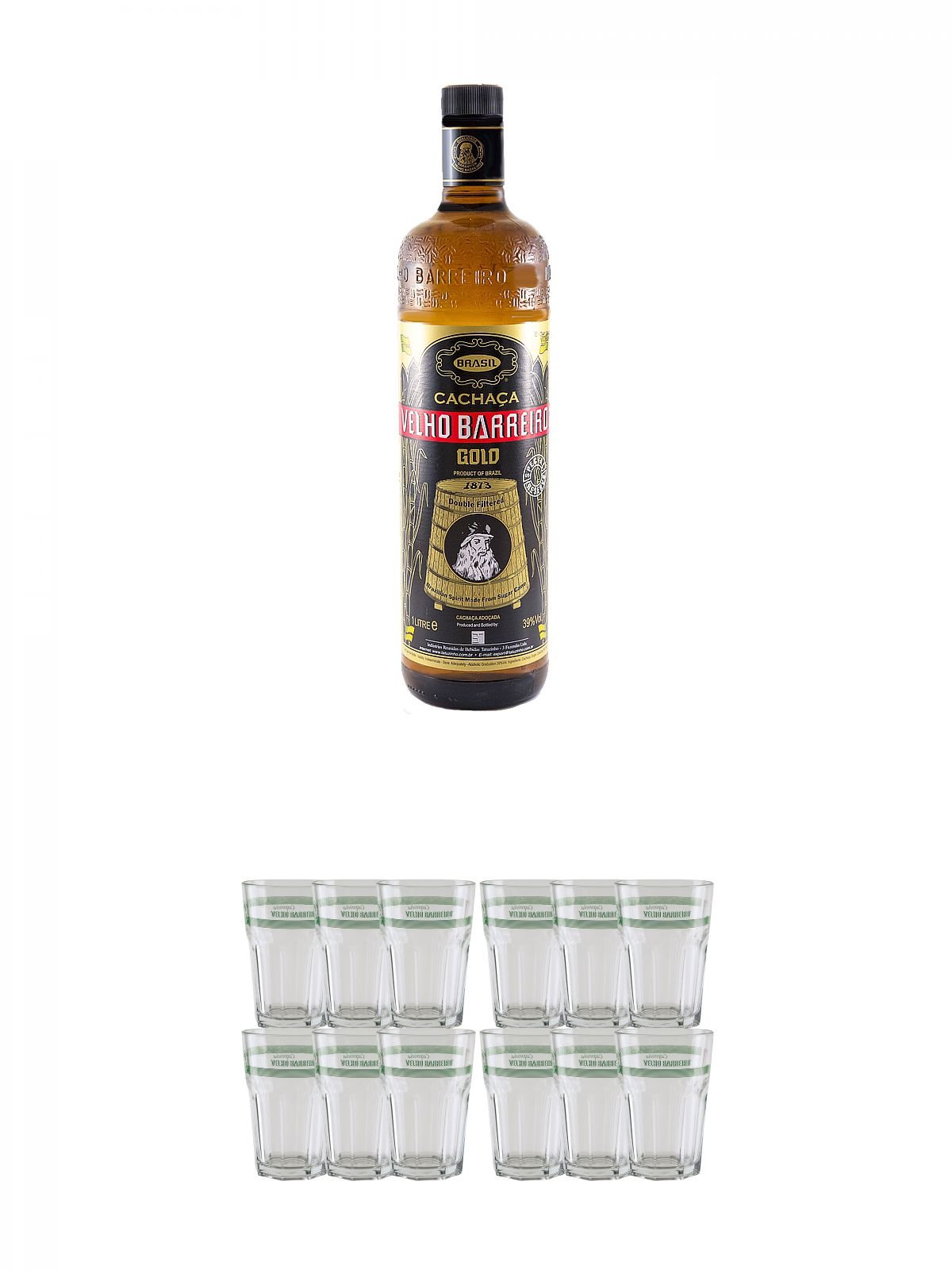 Velho Barreiro Gold Cachaca 1,0 Liter + Velho Barreiro Caipirinha Glas 6 Stück + Velho Barreiro Caipirinha Glas 6 Stück