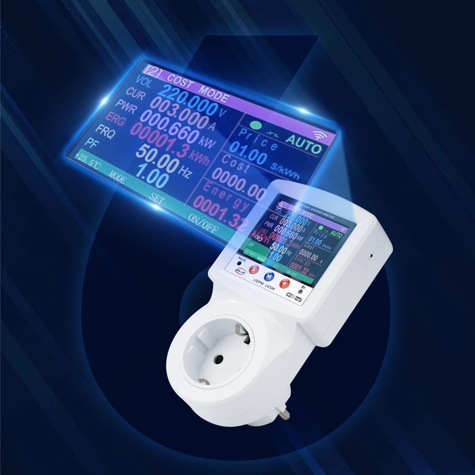 Jadeshay Wattmètre Prise Compteur d'Énergie WiFi Prise Consommation Electrique avec 8 Modes réglables, Écran LCD, Protection de Tension et de Courant 16A 230VAC, Contrôle Tuya APP