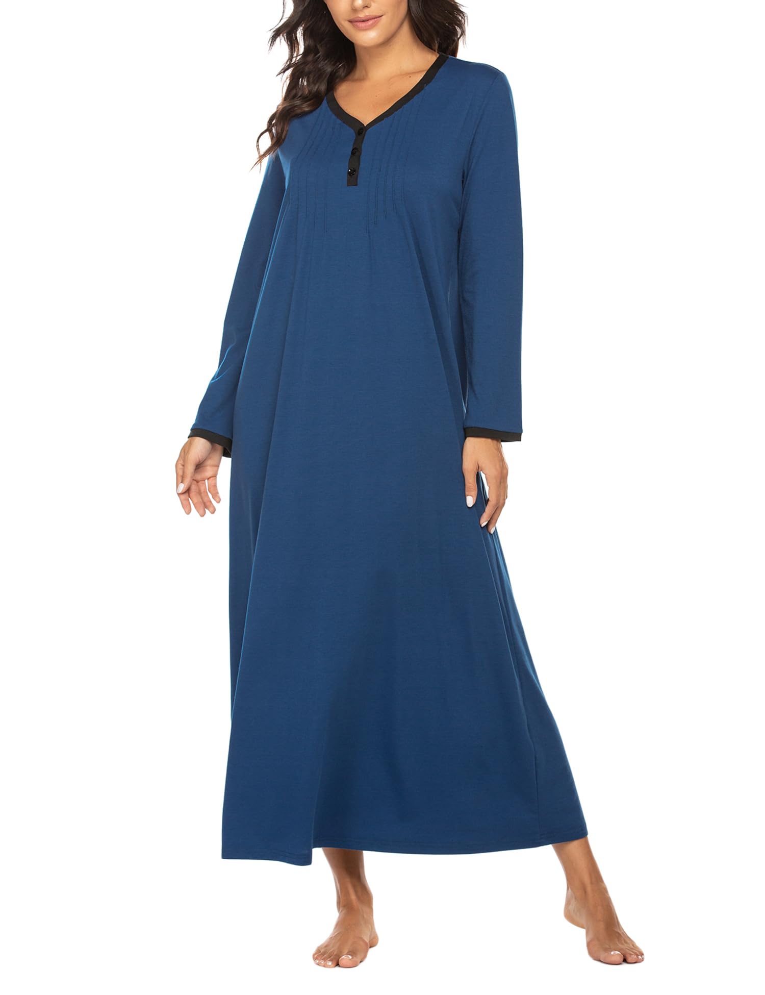 EkouaerWomen's Long Nightdress Long Sleeve Nightgown for Women V Neck Nighties Ladies Winter Soft Nightshirts S-XXL