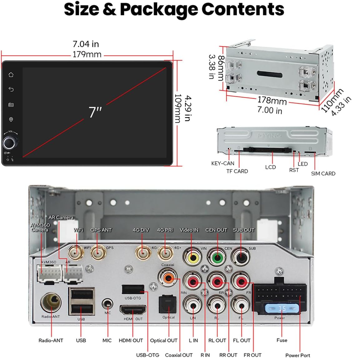 posterior view of the Joying car stereo showing all connection ports