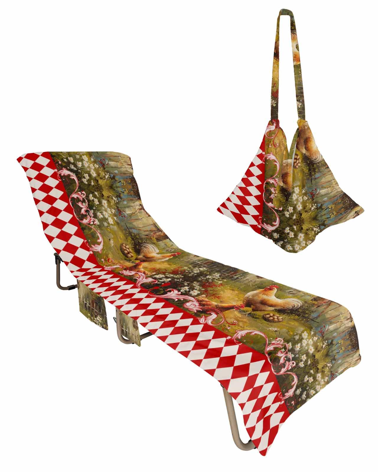 Farmhouse Hens Beach Chair Towel Covers for Chaise Lounge with Side Pocket, Soft Plush Pool Towels Cover for Patio Sunbathing Outdoor Retro Brown Painting Rural Farm Brown 29''x85''