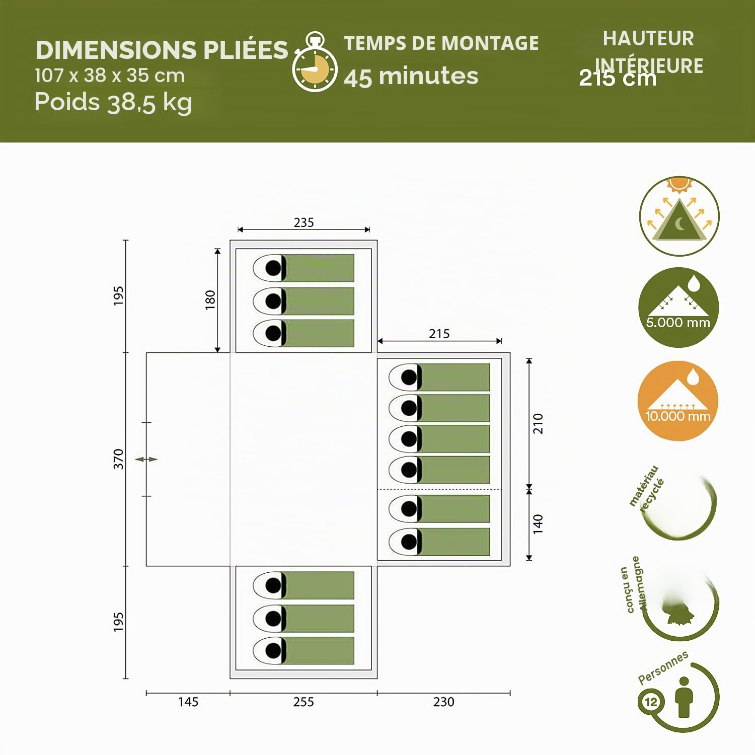 Skandika Tente familiale Nimbus pour 12 Personnes | Tente de Camping avec/sans Technologie Sleeper, avec/sans Tapis de Sol Cousu, étanche, Hauteur 2,15 m
