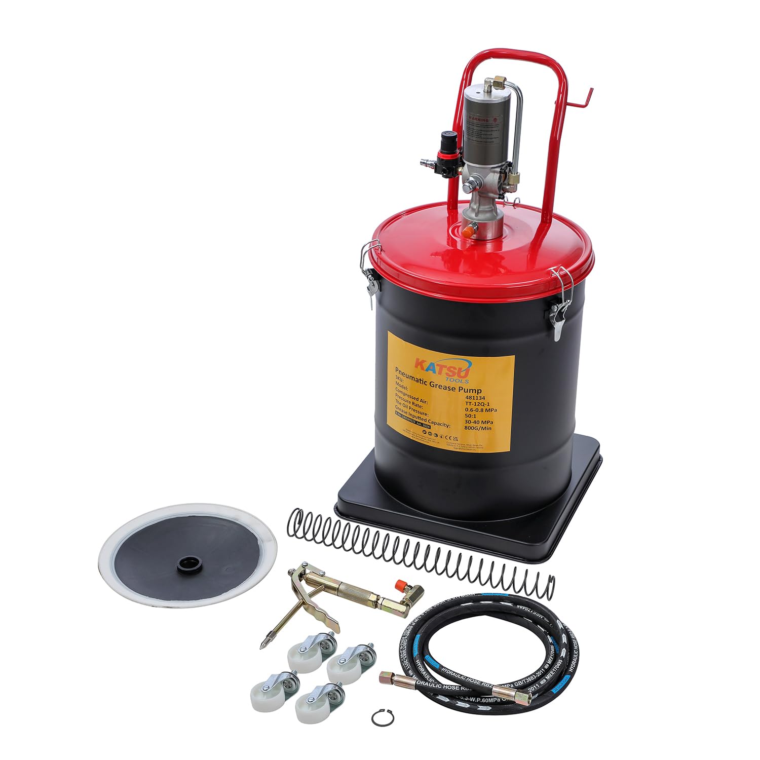 KATSU Tools Bomba de Grasa Neumática 40L Bomba de Engrase con Aire a Presión Dispensador de Pistola de Grasa de Aire Portátil con 12ft Manguera, 450 Bar, para Maquinaria de Automóviles y Camiones