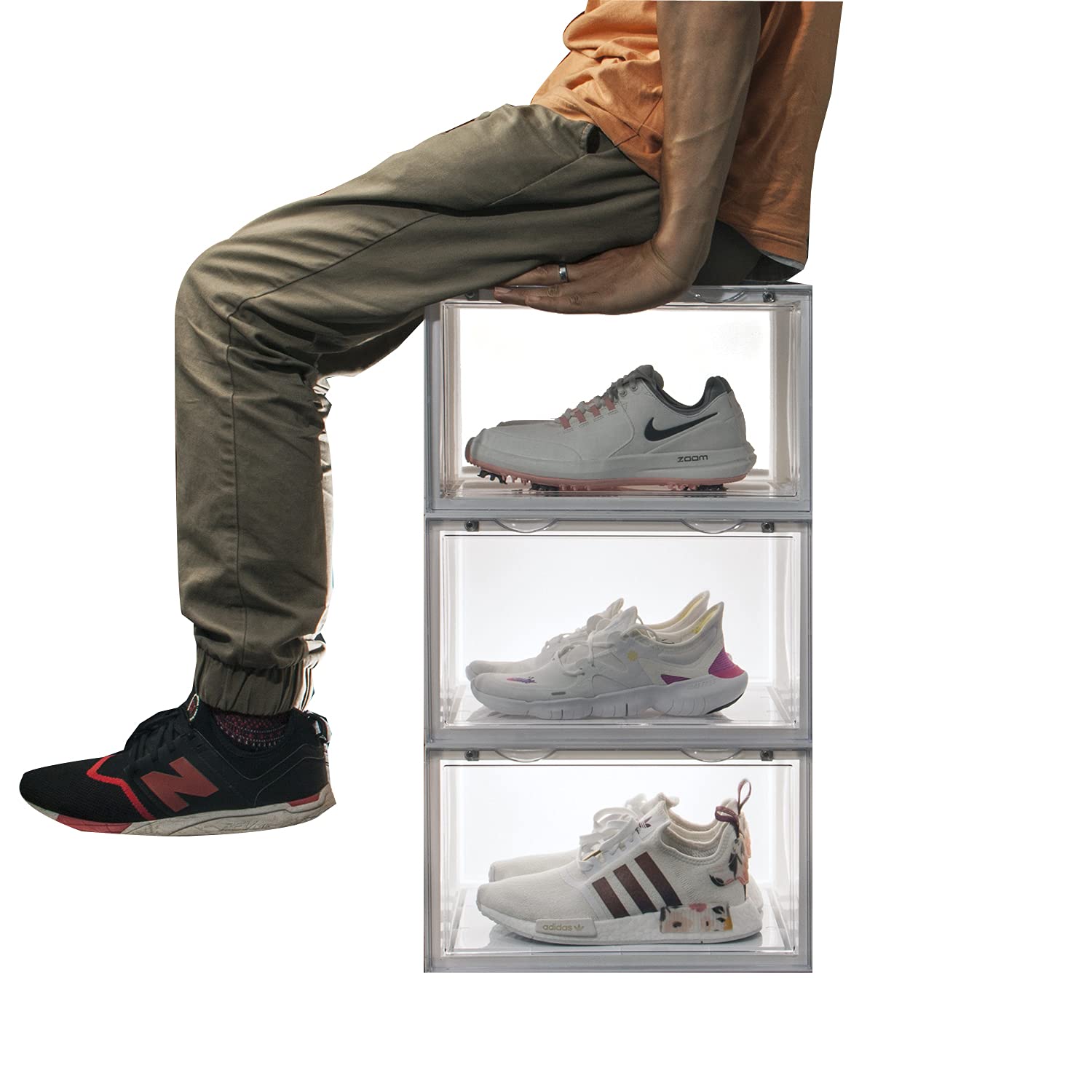 Letusto Premium Shoe Storage Boxes - Clear Plastic Shoes Throne Display Case (6 pack, White), Stackable Shelves Large Sneaker Containers Cases with Lids + 6 Hygiene Pads & Shapers