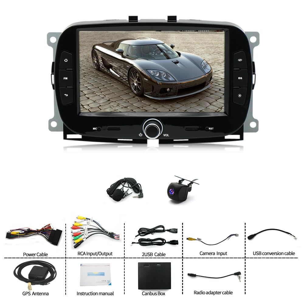 Autoradio stereo Android 13 Per Fiat 500 2016-2019 - Schermo touch IPS da 7", kit cruscotto aggiornato con CarPlay e Android Auto, navigazione GPS, Bluetooth 5.0, WiFi, SWC, 5G, DSP(4Core 2+64GB)