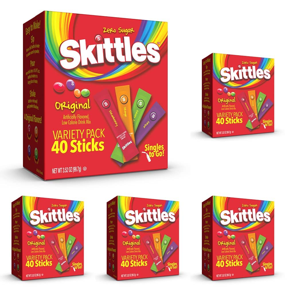 Skittles Singles To Go Variety Pack, 40 Count, Powdered Drink Mix, Zero Sugar, Low Calorie, Includes 4 Flavors: Green Apple, Strawberry, Grape, Orange, 40 Total Servings (Pack of 5)