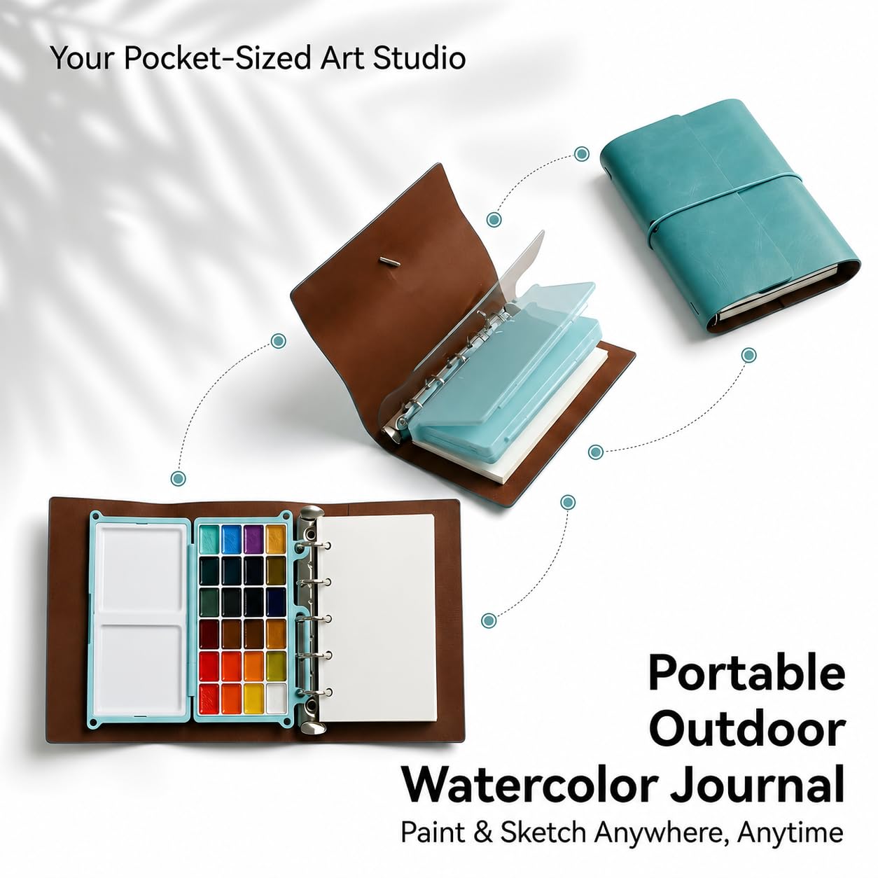 Set di pittura ad acquerello portatile per adulti – Kit da viaggio per acquerelli da 24 colori con taccuino (pagine bianche e nere), pennello e tavolozza ricaricabili, set artistico tutto in uno per