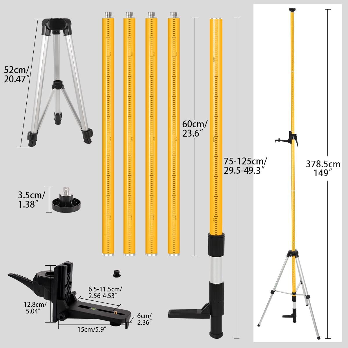 Trípode de Nivel Láser 3,7m, Tripode Nivel Laser Telescópico con Adaptadora Roscados de 1/4" y 5/8", Poste Telescópico con Trípode para Niveladores Láser Rotativo y Lineal