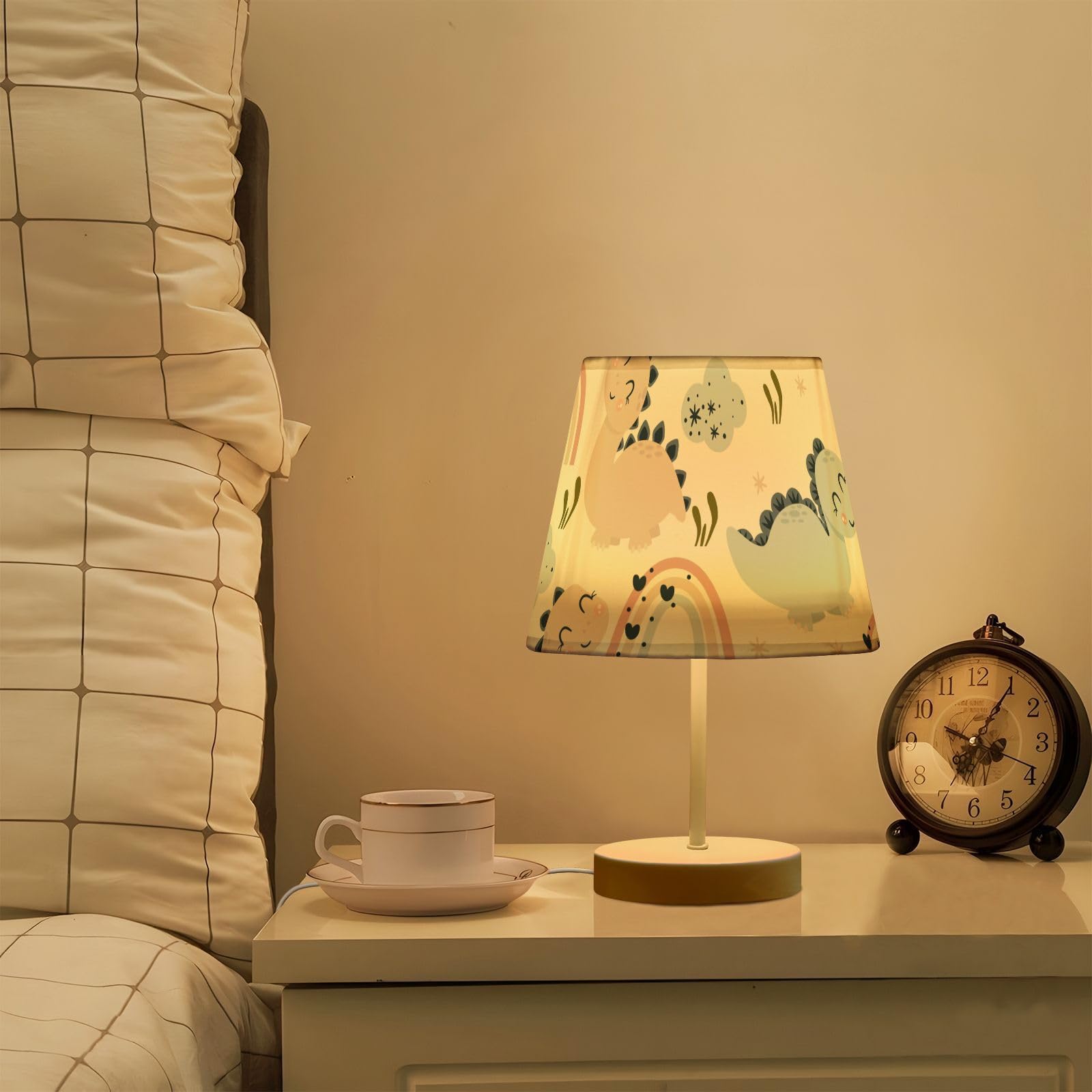 Mnsruu Lámpara de mesita de noche con diseño de dinosaurio infantil, 1 lámpara de mesa, bombillas LED, lámpara de escritorio, pantallas de tela para dormitorio, sala de estar, tamaño mediano