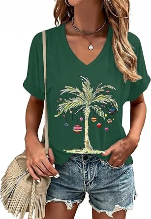 Christmas in July Shirt for Women Summer Christmas T-Shirt Short Sleeve V Neck Xmas Hawaiian Tee Tops