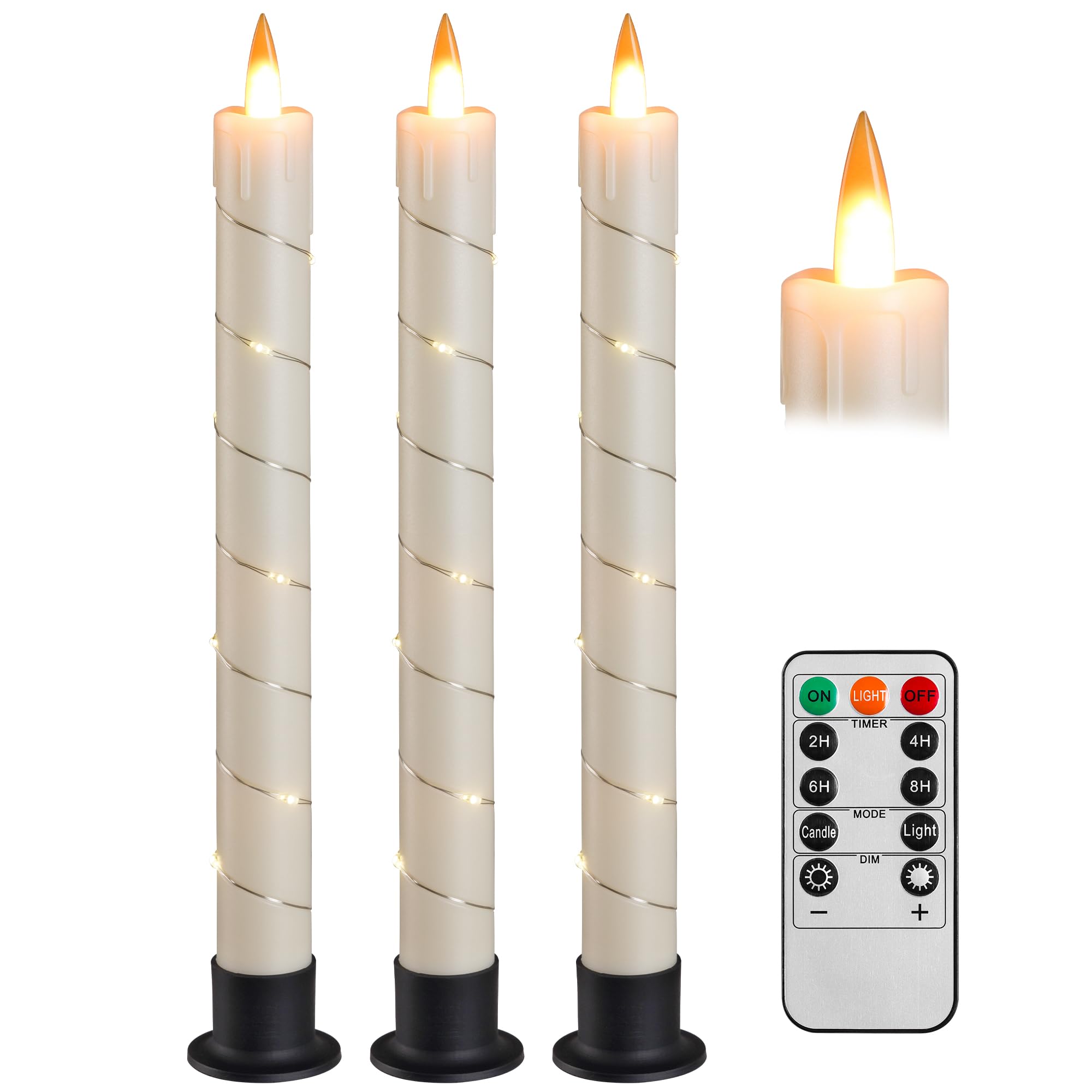 Da by 3 Pcs Flickering Flameless Battery Operated Taper Candle-Window Candles with Remote and Time-LED 3D Dynamic Flame-9.6 Inches for Wedding, Party,Home Decoration-Ivory