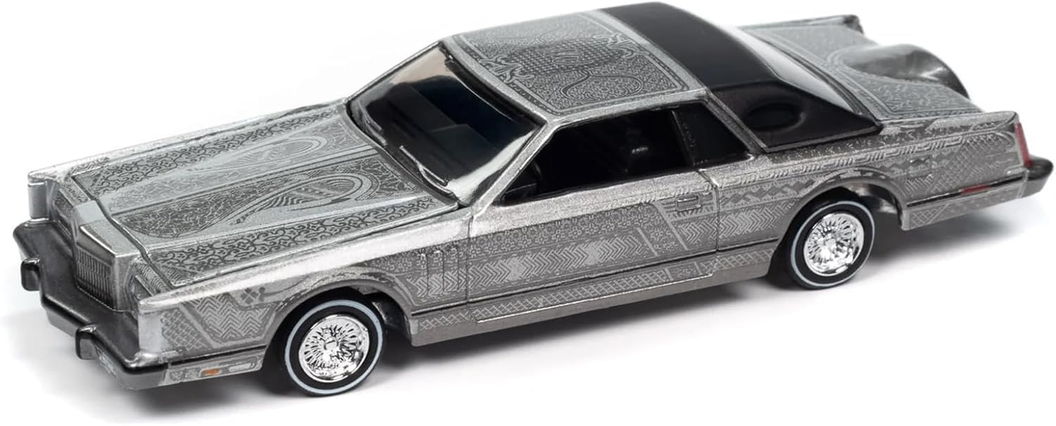1/64 Diecast Model Car by Auto World 1979 Continental Lowrider Silver Metallic with Lowrider Graphics Luxury Cruisers Series - AWSP175A