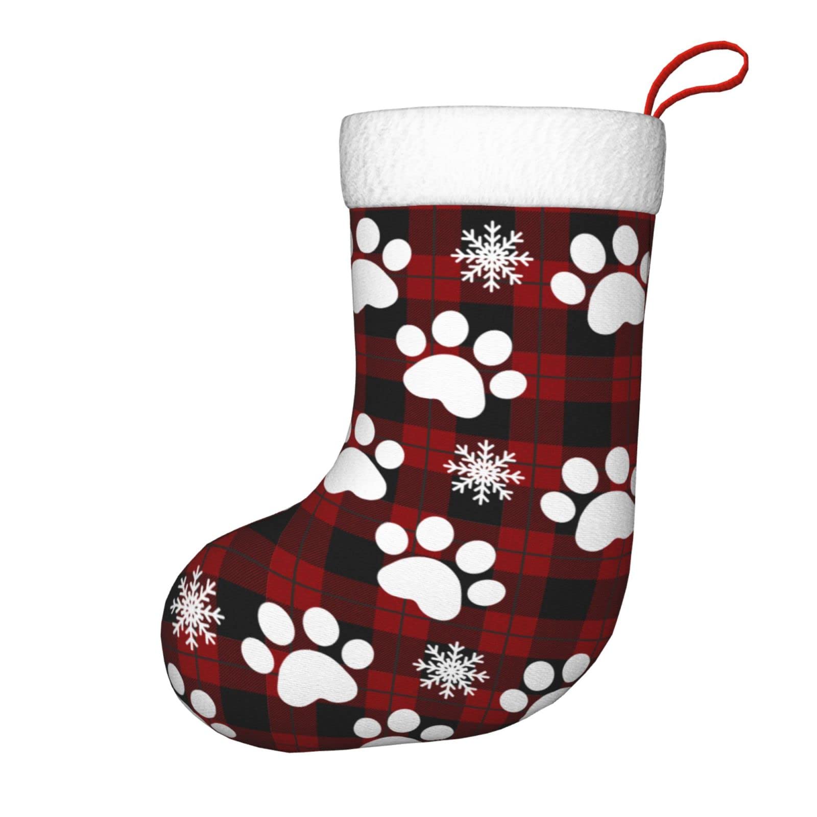 Silinana Dog Paw Snowflake Print Plush Christmas Stockings Hanging Ornaments Candy Gift Bags for Family Holiday Xmas Party Decor 18Inch