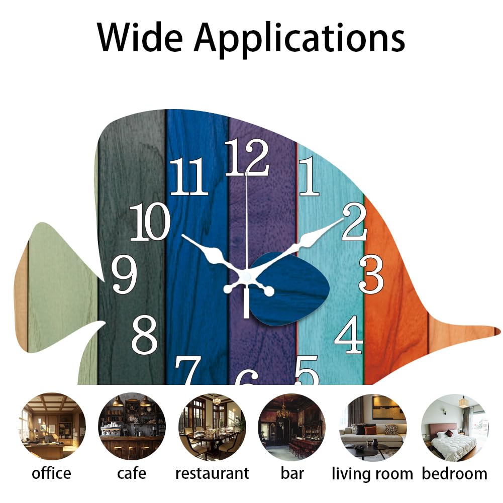 CHGCRAFT Fish Wall Clock Colorful Striped Fish Non-Ticking Clock Irregular Shape Decorative Wall clock Printed for Home Office Decoration,12.4×16 inch - Image 3