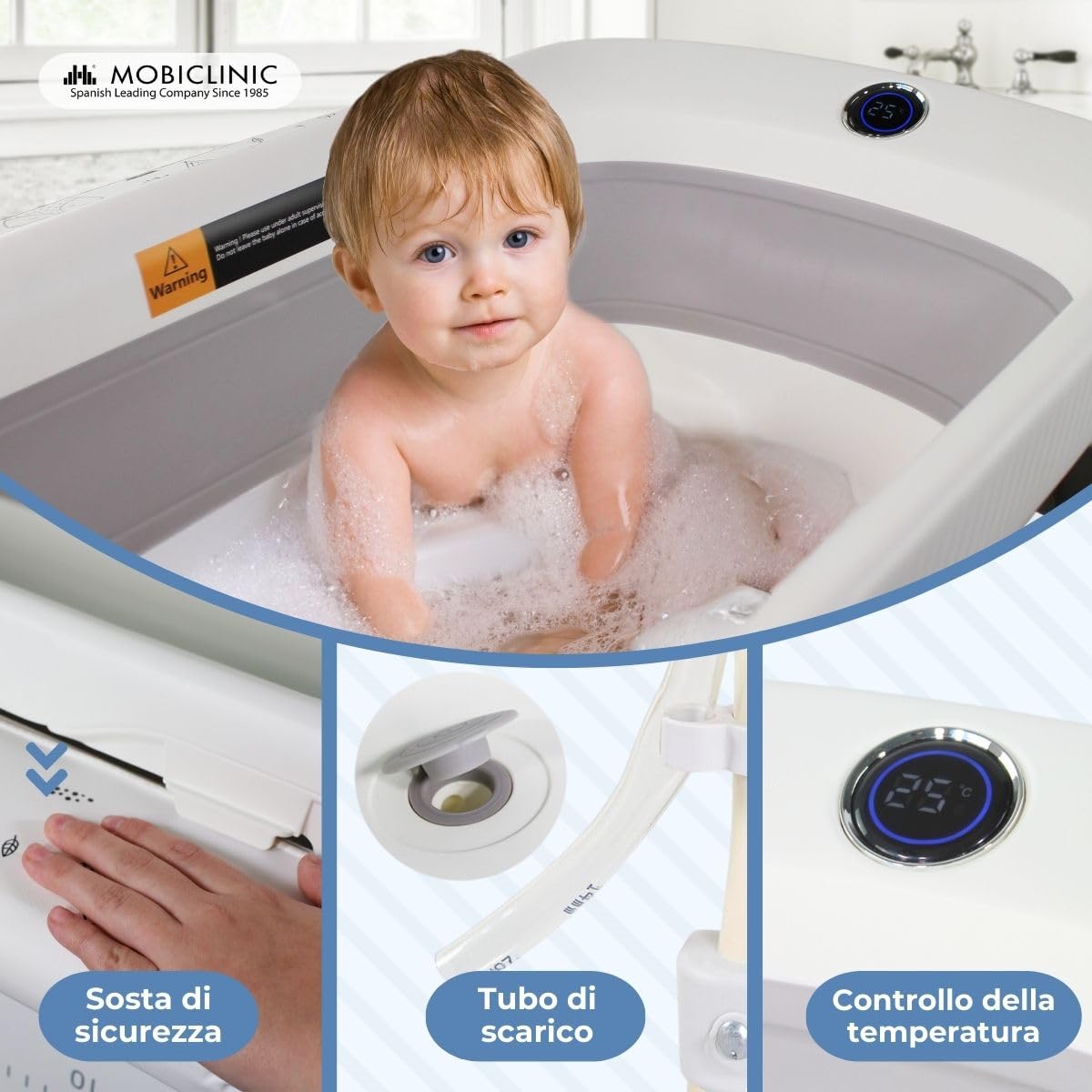 Mobiclinic® kids, Fasciatoio con vaschetta bagnetto 2 in 1, Trendy, Regolabile 4 altezze, Termometro, Ruote freno, Cestini portaoggetti, Fino a 50 kg, Tubo di drenaggio, 0-36 mesi