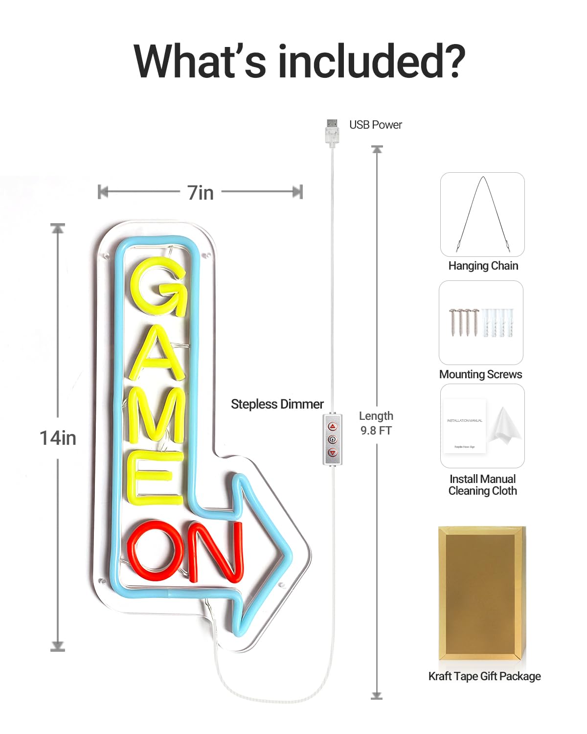 GAME ON Neon Sign for Wall Decor, LED Neon Gamer Sign for Arcade Room, Game Room, Bedroom, Kids, Boyfriend, Gifts Stepless Dimmable: Color-GAME ON RIGHT Medium Size
